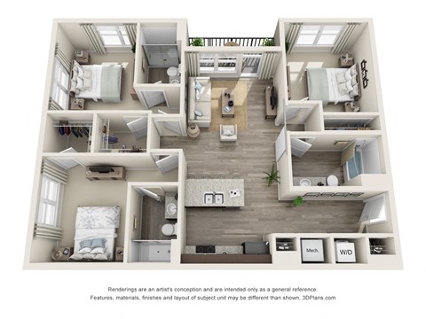 Floor plan for 3 beds, 3 baths, 1333 sqft